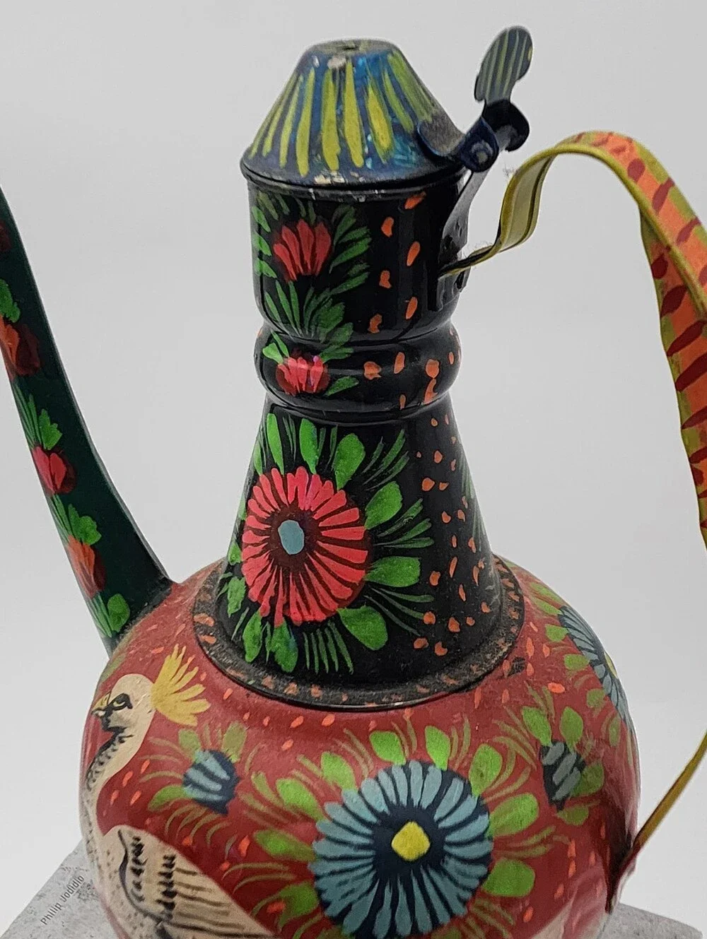 Vintage Boho Traditional Persian Folk Art Decorative Floral Motifs Tin Pitcher